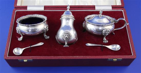 A cased late 1960s silver three piece condiment set by Roberts & Belk, 12 oz.